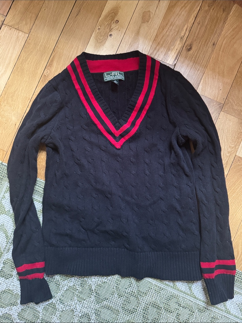 RLX Ralph Lauren Black Cable-Knit V-Neck Sweater with Red Trim